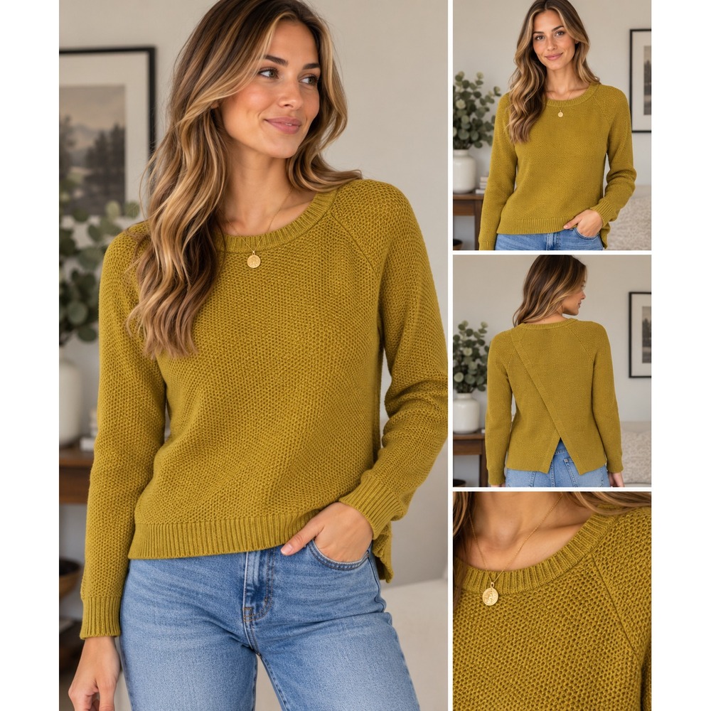 Madewell Women's Mustard Yellow Waffle Knit Split Back Crewneck Sweater XS